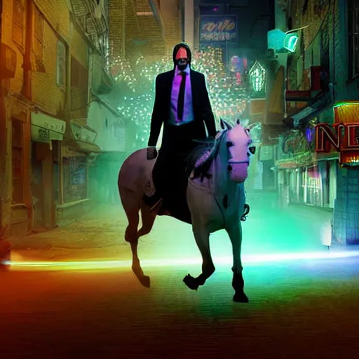 Image similar to Keanu Reaves riding a unicorn thought a HDR neon lit alley, a still shot from John Wick 2, holding a gin, holding an mk-18 at character dressed as Luigi from Mario, epic fantasy style, digital art, 8k high defition