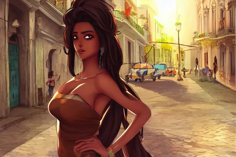 Prompt: concept art, brown skin beautiful latina woman in havana cuba, digital anime art, good lighting,