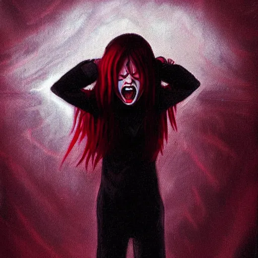 Prompt: extrem mad girl with extrem anger screams into the void to release her anger, high detail painting in dark red colors by Mamoru Kanbe