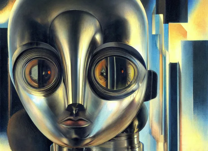 Image similar to a portrait headshot of sci fi metallic human, bright eyes, melancholic complex geometric figure liminal machinery by oskar schlemmer, moebius, john berkey, cinema grain, oil on canvas, portrait facial head, featured on artstation, hd wallpaper