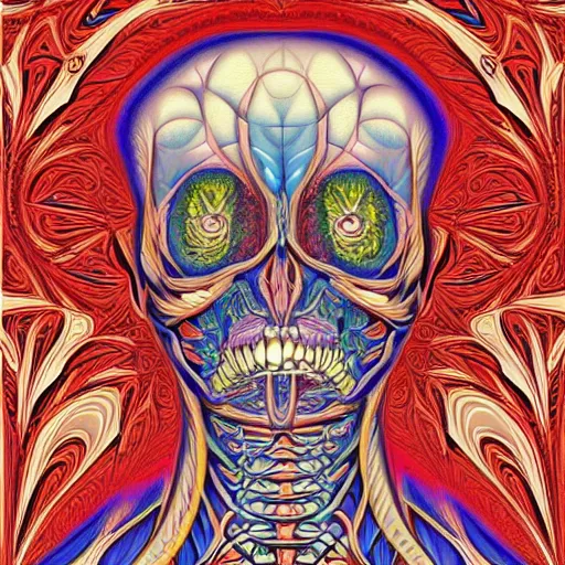 Image similar to anatomical drawing in the style of alex grey ornate fractal background