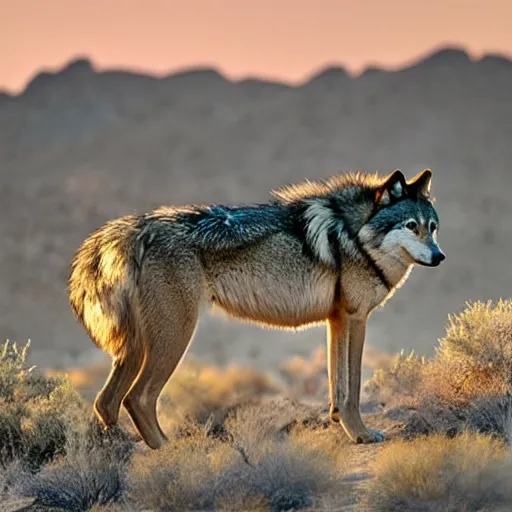 Prompt: “wolf looking for its family in Joshua tree during Sunset”
