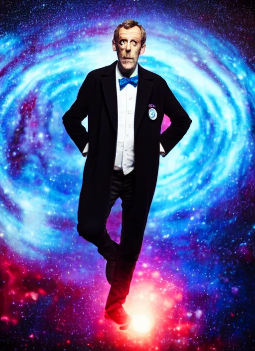 Image similar to dslr photo portrait still of hugh laurie as doctor who in front of a nebula through the open door of the tardis, 8 k, 8 5 mm f 1. 4