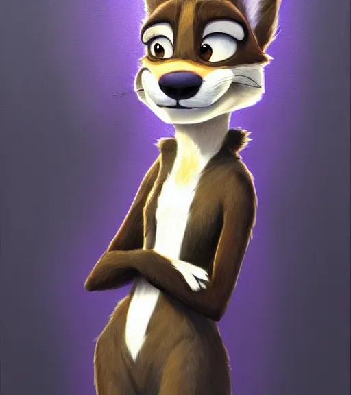 Image similar to full body oil painting of anthromorphic furry female wolf, in style of zootopia, female fursona, furry, furaffinity, 4 k, deviantart, furry art, fursona art, wearing black business suit, wearing business suit, wolf fursona, expressive feminine face, female,