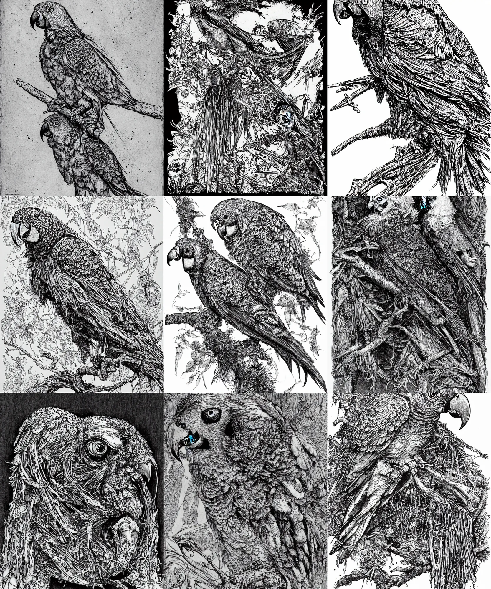 Prompt: a spot illustration of an undead parrot by john blanche, ian miller, karl kopinski, aeron alfrey, highly detailed, ink on paper, black and white, vignette illustration, white background