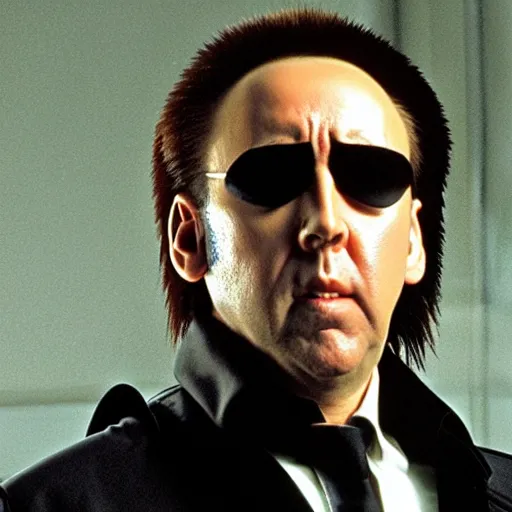 Image similar to Nicolas Cage as Morpheus in the Matrix