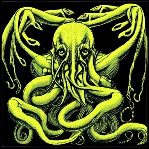 Image similar to cthulhu with headphones playing synthesizers, lights, lasers, music, highly detailed, realistic, technology and magic,