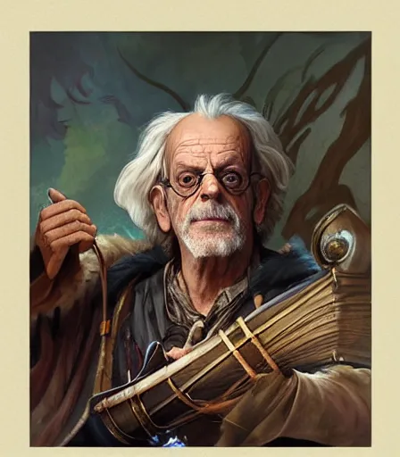 Image similar to Christopher Lloyd as bard, full body, dungeons and dragons portrait, highly detailed, digital painting, artstation, concept art, sharp focus, illustration, art by artgerm and greg rutkowski and alphonse mucha