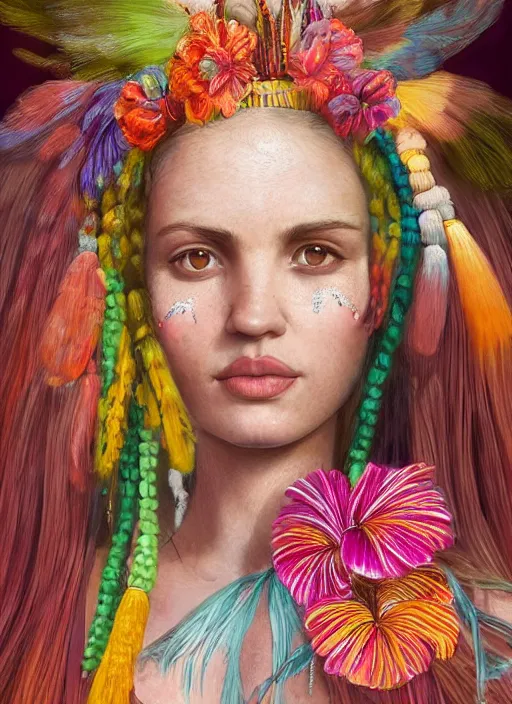 Image similar to beautiful portrait of a mediterranean female wearing fantastic Hand-dyed cotton dress, embellished beaded feather decorative fringe knots ,colorful pigtail,subtropical flowers and plants,symmetrical face,intricate,elegant, highly detailed, 8k,post-processing,digital painting, trending on artstation, concept art, sharp focus, illustration, by artgerm,Tom Bagshaw,Daniel Gerhartz,Albert Aublet,Lawrence Alma-Tadema,Maria Mirage