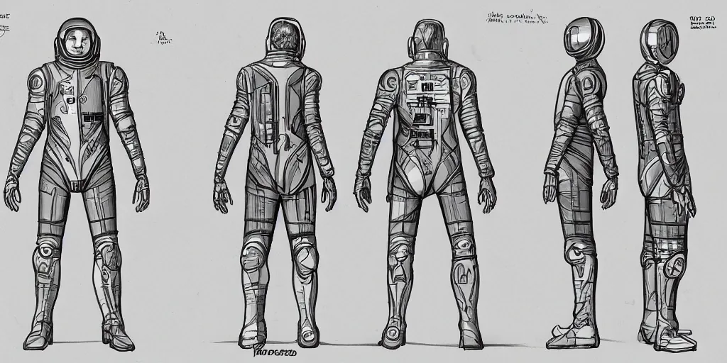 Image similar to male, space suit, character sheet, concept art, stylized, large shoulders, short torso, long thin legs, cartoon proportions, concept design, by jean giraud