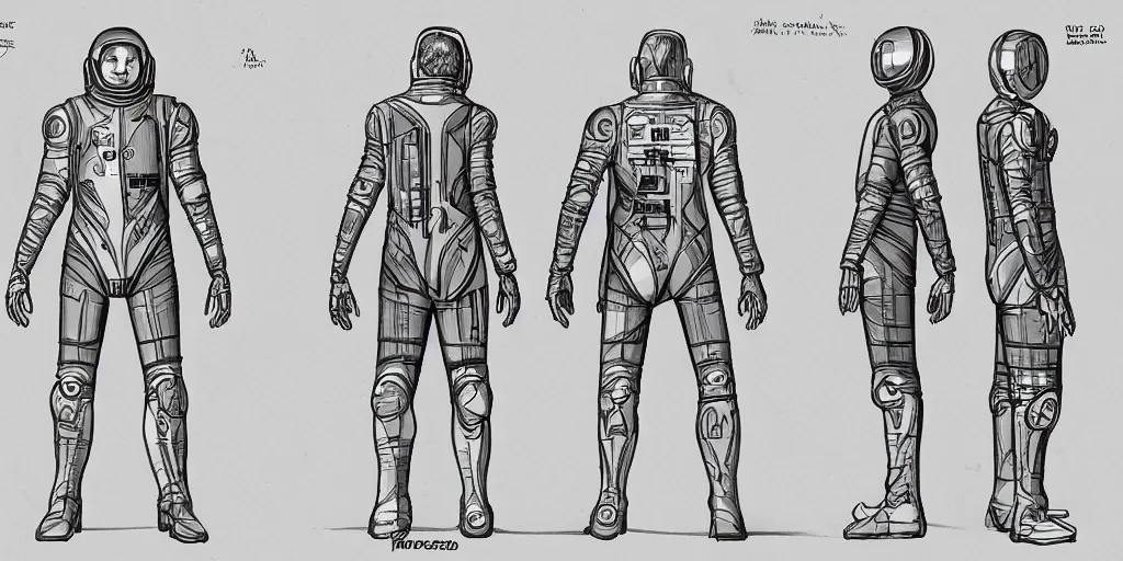 Prompt: male, space suit, character sheet, concept art, stylized, large shoulders, short torso, long thin legs, cartoon proportions, concept design, by jean giraud