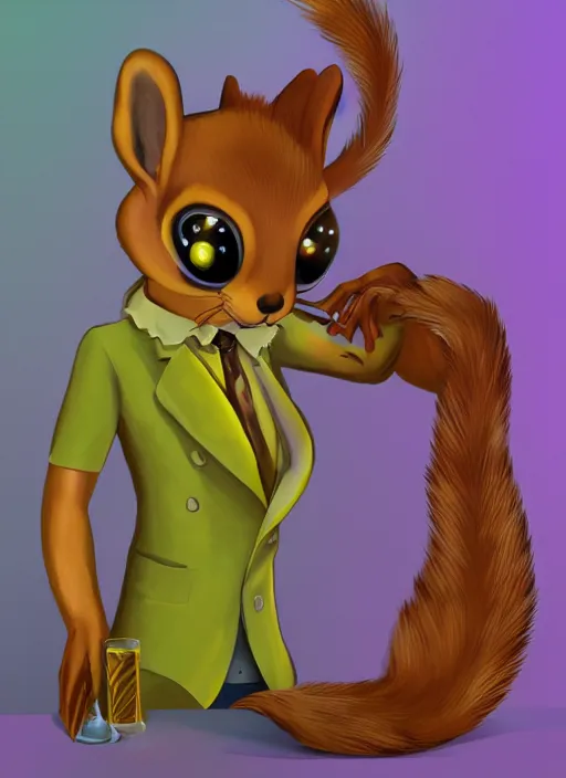 Prompt: squirrel anthro as a dapper bartender with a big fluffy tail, retro futurism, art deco, detailed painterly digital art by Axel Hess, 🐿🍸🍋, furaffinity, trending on artstation