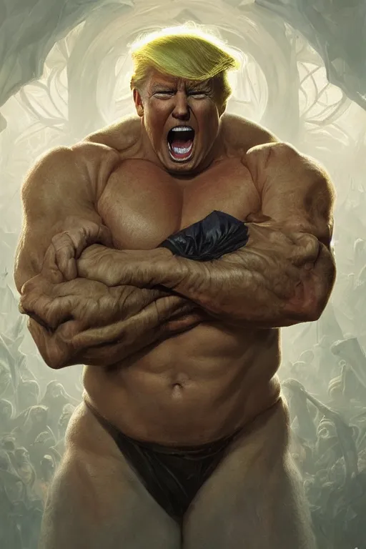 Image similar to portrait of donald trump as a hulking herculean demon, forest, godlike, full body, fantasy, intricate, elegant, highly detailed, digital painting, artstation, concept art, sharp focus, illustration, art by artgerm and greg rutkowski and alphonse mucha