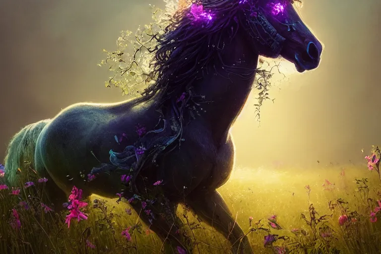 Prompt: a stunning horse with a thick mane of bioluminescent vines and flowers running through a meadow by greg rutkowski, high key lighting, volumetric light, digital art, highly detailed, fine detail, intricate, ornate, complex, octane render, unreal engine, photorealistic