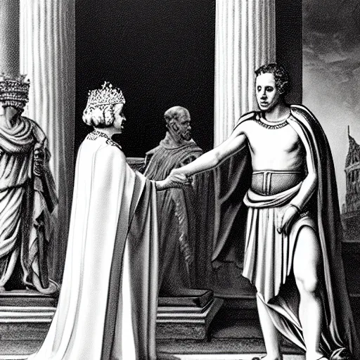 Image similar to detailed black and white photo of queen elizabeth ii meeting julius caesar in ancient rome