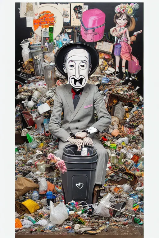 Image similar to full view, from a distance, of anthropomorphic trashcan who is marcel duchamp, full of trash, style of yoshii chie and hikari shimoda and martine johanna, highly detailed