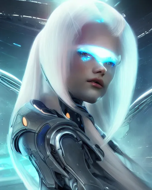 Image similar to perfect android girl on a mothership, warframe armor, beautiful face, scifi, futuristic, galaxy, nebula, raytracing, dreamy, long white hair, blue cyborg eyes, sharp focus, cinematic lighting, highly detailed, artstation, divine, by gauthier leblanc, kazuya takahashi, huifeng huang