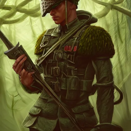 Prompt: male soldier in the forest, by annie leibowitz!!!, D&D, fantasy, intricate, elegant, highly detailed, digital painting, artstation, concept art, matte, sharp focus, illustration