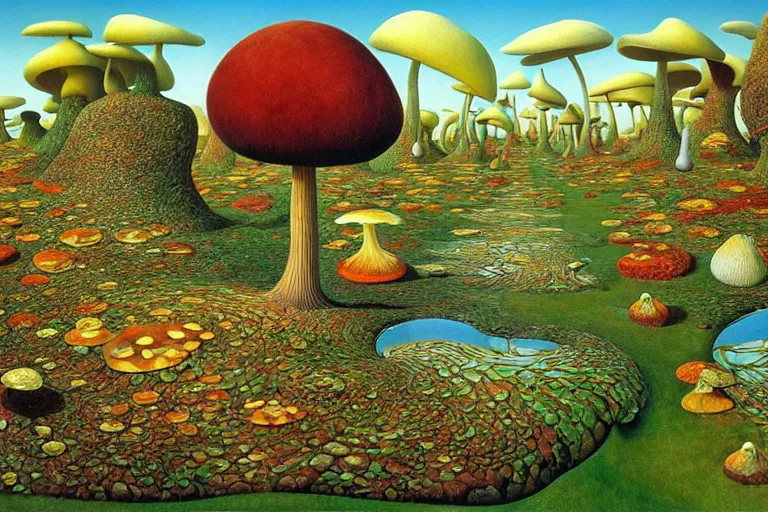 Prompt: the path less taken with mushrooms by jacek yerka, roger dean and salvadore dali