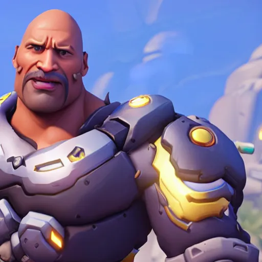 Prompt: screenshot from overwatch dwayne the rock johnson as a overwatch character