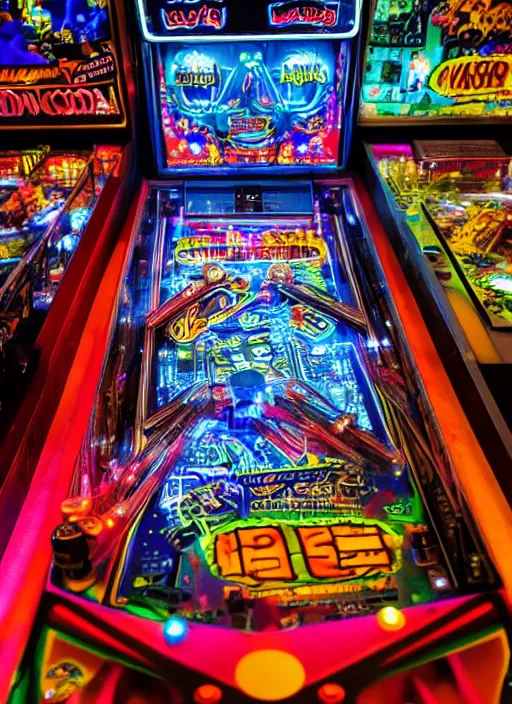 Prompt: pinball machine with a cyberpunk theme, neon colored, bright lights, high quality reflections, intricate, detailed, 8 k