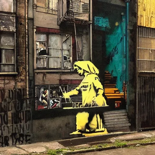 Prompt: banksy as hyperrealistic slum and hood, justify content center, content details, realistic content, 4 color content, sharp content, smooth content