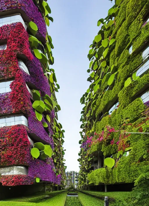 Image similar to brutalist buildings covered in colorful vines and flowers by Denys Lasdun