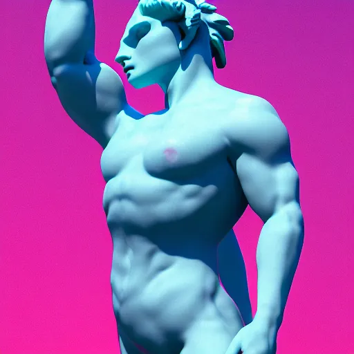 Image similar to unreal engine octane render houdini hyperreallistic render 8k marble statue of the bull minotaur vaporwave blue and pink neon background