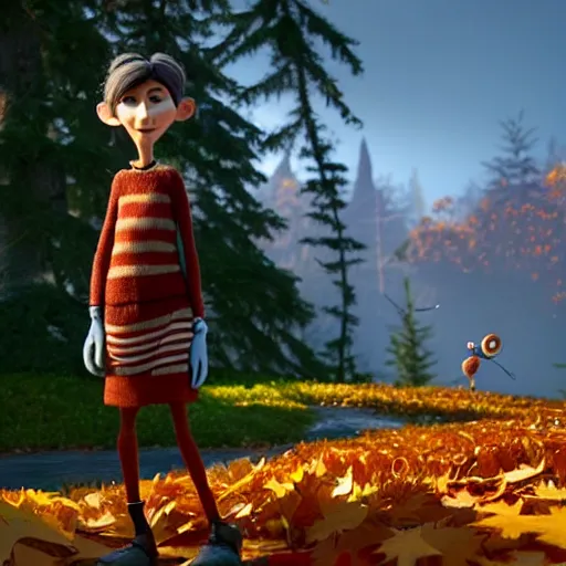 Prompt: a stopmotion animation character, a beautiful canadian woman, gardening, very attractive, some dark grey hair, stripey pants, canadian maple leaves, mountains, autumn, unreal engine 5, 8 k, kubo and the two strings, jan svankmayer, disney, pixar,