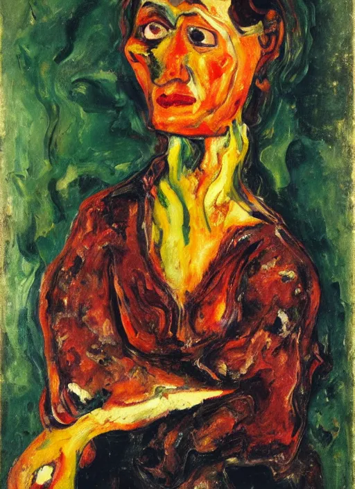 Image similar to an oil painting of a woman looking distressed, intense eyes, in a red dress posing with meat in expressive style of Chaim Soutine and Frank Auerbach, palette of maroon alizarin and dark gray greens, thick impasto painting technique