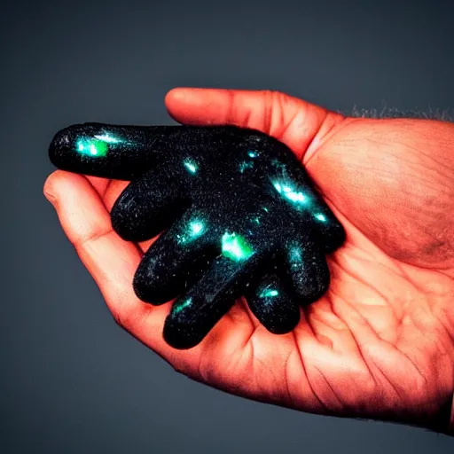 Prompt: a black gloved hand holding a dinly glowing shard of kryptonite in pitch black