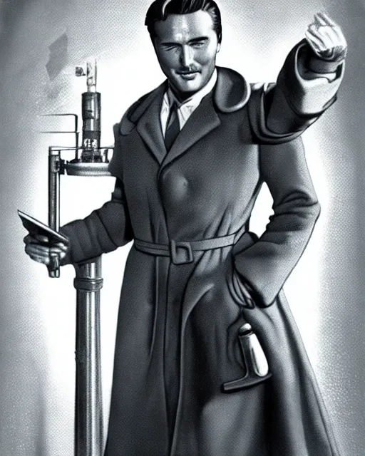 Prompt: Errol Flynn as a scientist. 1980s dystopian Soviet Russia, propaganda screens. Unreal engine, fantasy art by Peter Lerner. Faithfully depicted facial expression, perfect anatomy global illumination, radiant light, detailed and intricate environment