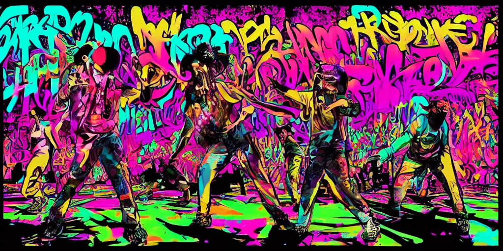Prompt: psychedelic rap battle, silhouettes, distinct figures, digital art, vapor wave, hip hop, graffiti, trending on Artstation, professional artist, detailed, 4k