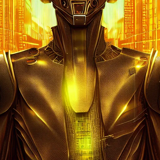 Image similar to golden bordered mural of a futuristic general grevious, hyper realistic, cyberpunk, nightcore, 4 k, highly detailed, beautifully rendered