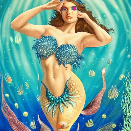 Image similar to an extremely realistic portrait of a fantastic real mermaid with an ultra perfect and ultra detailed wild face with beautiful, ultra detailed wild blue eyes a fantastic crown of diamons and a diamond dust glitter and sparkles tail, swimming in a beautiful blue ocean