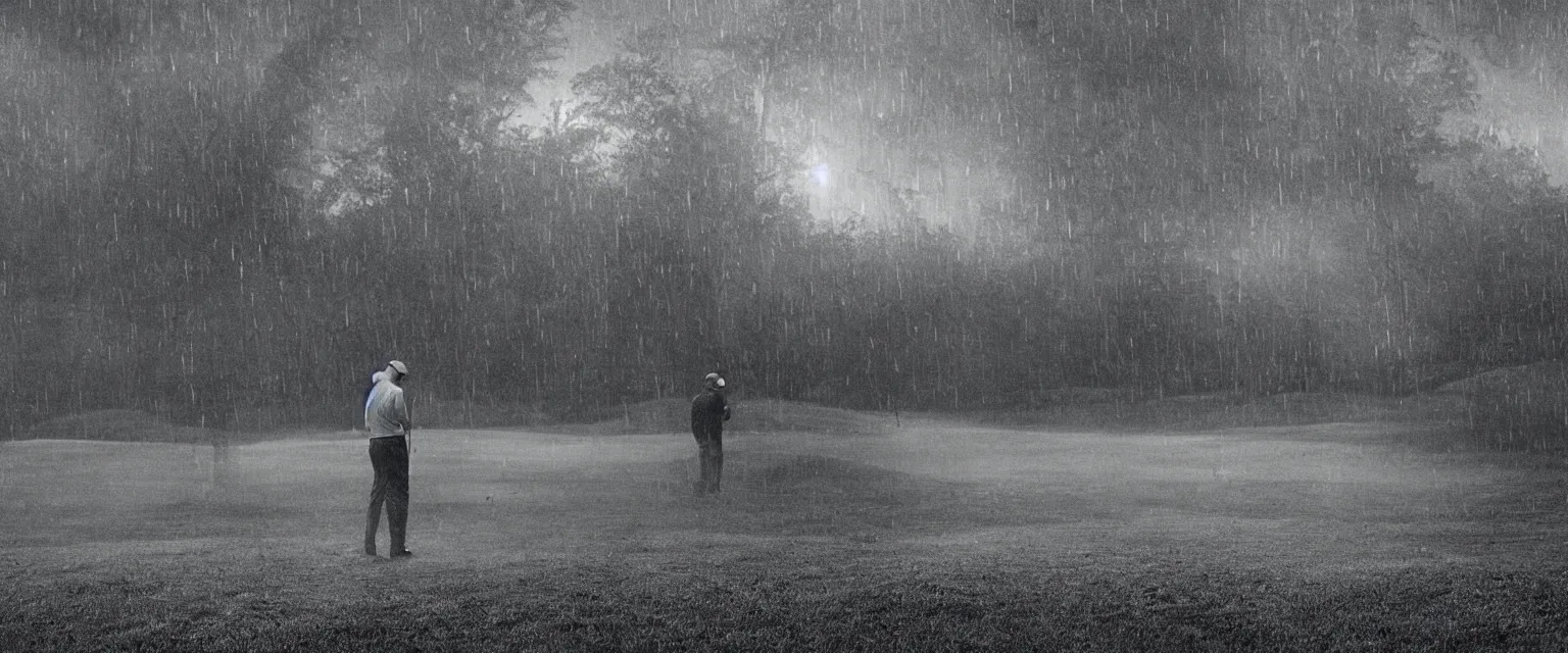 Prompt: detailed sharp photograph in the style of popular science circa 1 9 5 5 and gregory crewdson of a solitary man playing golf in the rain