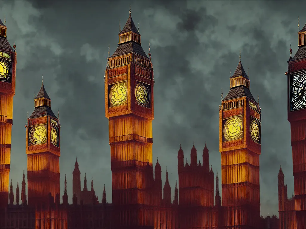 Prompt: an ancient beautiful cyborg of the elder gods in the city of London, a giant beautiful cyborg with glowing eyes in London with Big Ben in the background, westminster, colourful, dramatic lighting, golden hour, very detailed octane render very realistic beautiful