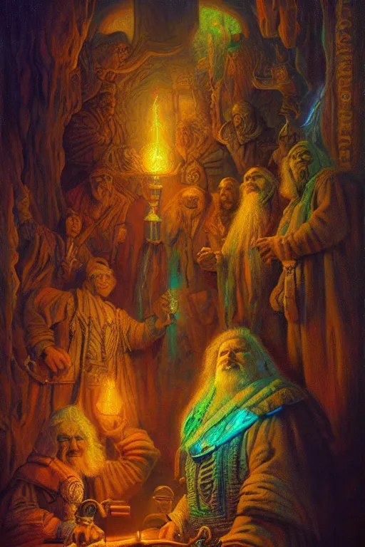 Prompt: electric old gods, painted by tim hildebrandt and peter lloyd, trending on artstation, rembrandt lighting front view iridescent colors, chalk art, macro, magic realism, manierism