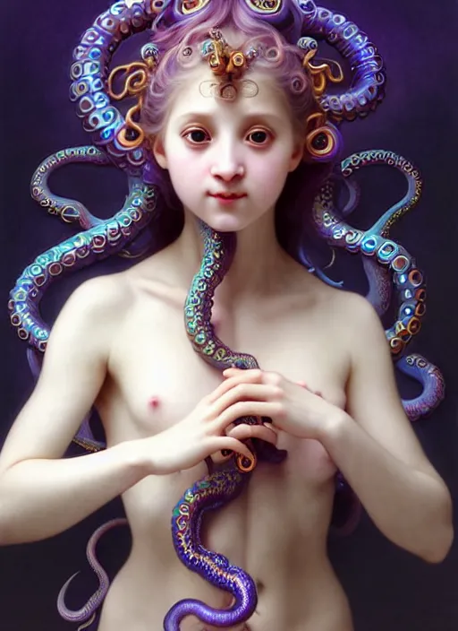 Image similar to A full shot of a cute magical monster girl wearing a dress made of opals and tentacles. Subsurface Scattering. Caustics. Prismatic light. defined facial features, symmetrical facial features. Opalescent surface. Soft Lighting. beautiful lighting. By Giger and Ruan Jia and Artgerm and WLOP and William-Adolphe Bouguereau and Loish and Lisa Frank. trending on artstation, featured on pixiv, award winning, sharp, details, intricate details, realistic, Hyper-detailed, HD, HDR, 4K, 8K.