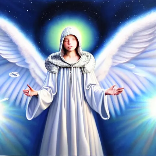 Prompt: beautiful high details hyper realistic painting of white angel in the hood coming from space with giant ball of miracle light from the chest!!!!!, 4 k hd face!!!, fashion cute face, no gender, giant silver holographic wings, by jan van eyck, holography space, white sparkles everywhere, thin strokes, high textures, silver background