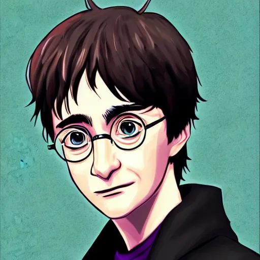 Image similar to portrait of harry potter in anime style, highly detailed, centered, solid color background, digital painting