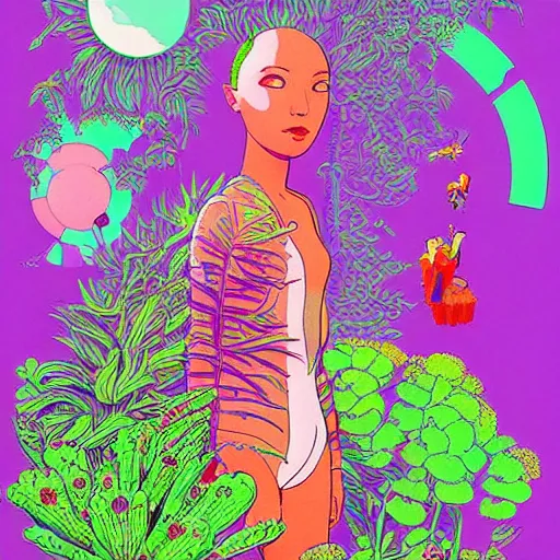 Image similar to gigantic girl faces, tiny robots, a lot of exotic vegetation around, risograph!, colorful flat surreal design, super - detailed, a lot of tiny details, fullshot, by luigi serafini and moebius