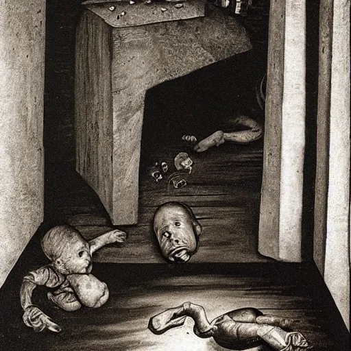 Prompt: a ugly baby in floor inside a dark house, surrealism