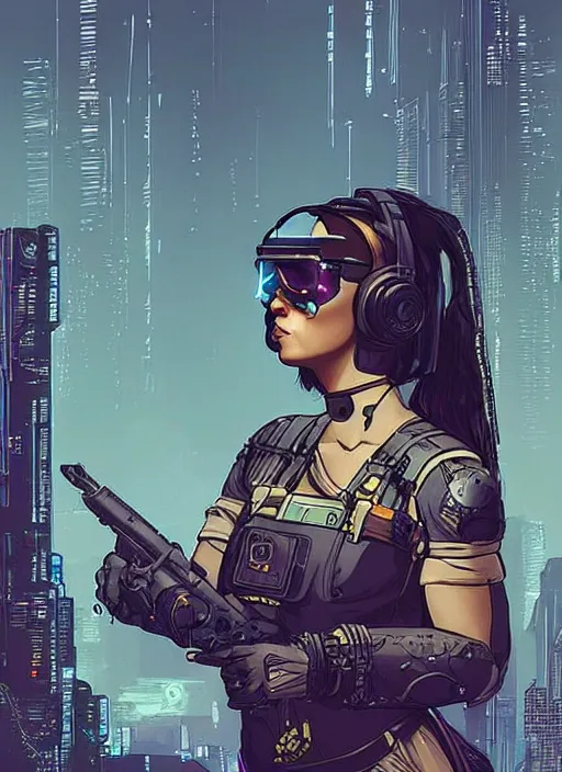 Image similar to Beautiful Maria. Gorgeous female cyberpunk mercenary wearing a cyberpunk headset, military vest, and jumpsuit. gorgeous face. Concept art by James Gurney and Laurie Greasley. Moody Industrial skyline. ArtstationHQ. Creative character design for cyberpunk 2077.