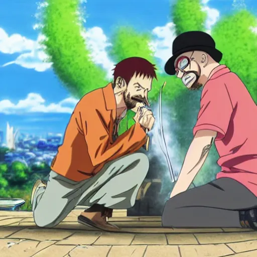 Image similar to walter white smoking a joint with jesse pinkman, in One Piece Anime Series, 4k Resolution.