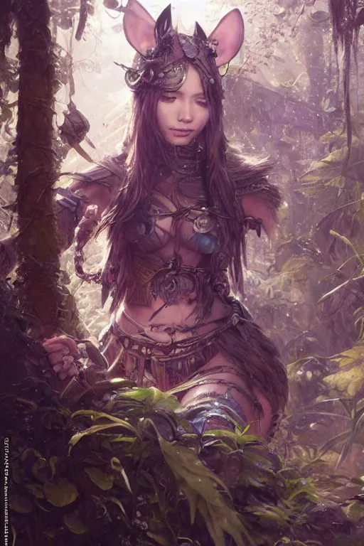 Prompt: warrior neko woman in a jungle with cat ears wearing armor, fantasy art, highly detailed character, by yoshitaka amano, by jeremy lipking, by greg rutkowski, illustration, volumetrics, nature, by magali villeneuve