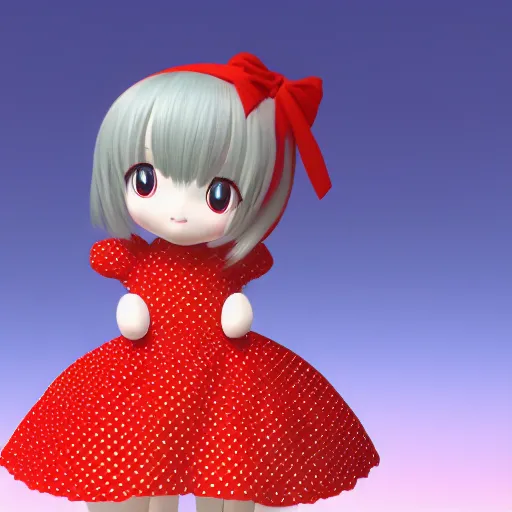 Prompt: cute fumo plush of a girl in a red and blue polka dot dress, anime, character silhouette, edge glow, cel shaded pbr, vray