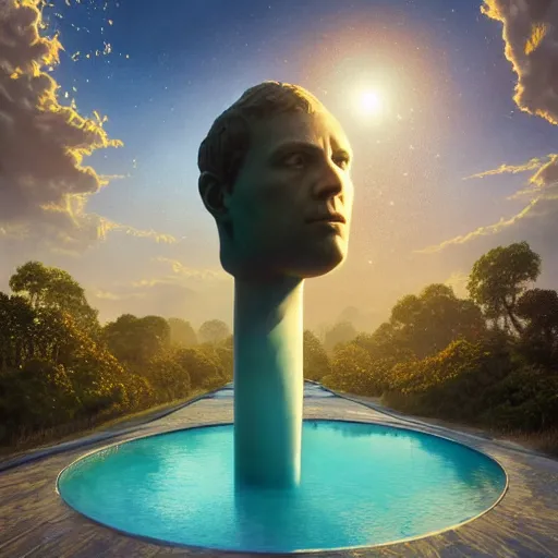 Image similar to peter tarka, golden hour, minimalistic, hyperrealistic surrealism, award winning masterpiece with incredible details, epic stunning, astronaut sinking falling underwater infinity pool, a surreal vaporwave liminal space, highly detailed, trending on ArtStation, artgerm and greg rutkowski and alphonse mucha, daily deviation, IAMAG, broken giant marble head statue ruins, illuminated