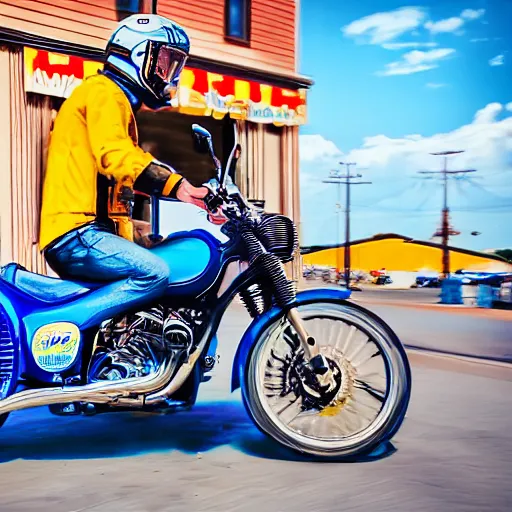 Image similar to blue heeler dog on a motorcycle, 8 k photography, blurred background of a wafflehouse