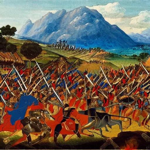 Image similar to wideshot of a medieval battle in front of a beautiful blue mountainscape, painting